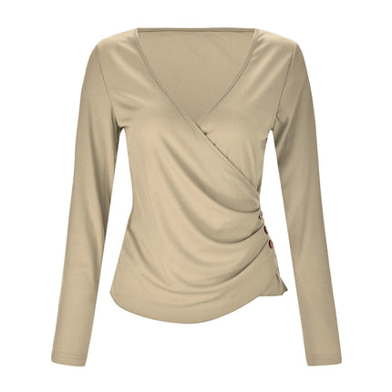 Women's Long Sleeve Deep V Neck Tops Wrap Ruched Slim Fit Shirts Button Side Blouse