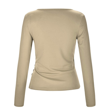 Women's Long Sleeve Deep V Neck Tops Wrap Ruched Slim Fit Shirts Button Side Blouse