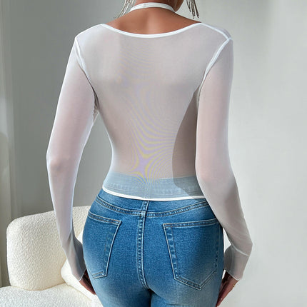 Women's Long Sleeve Crop Top Sexy Cut Out T-Shirt Halter Tees Slim Fit Tops