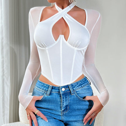 Women's Long Sleeve Crop Top Sexy Cut Out T-Shirt Halter Tees Slim Fit Tops