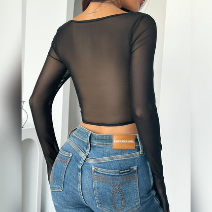 Women's Faux Leather Crop Tops Mesh Sheer Long Sleeve Square Neck Tee Shirts