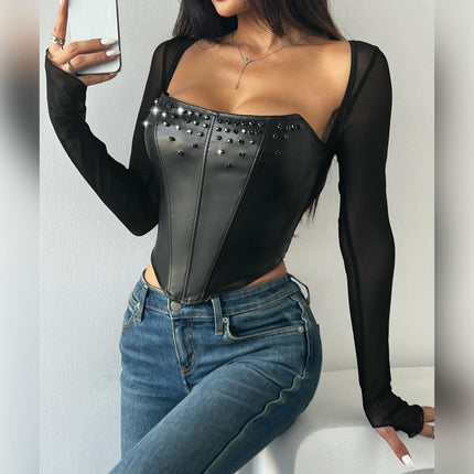 Women's Faux Leather Crop Tops Mesh Sheer Long Sleeve Square Neck Tee Shirts