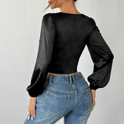 Women's Sweetheart Neck Long Sleeve Lace Trim Bodycon Crop Top Tee Shirt