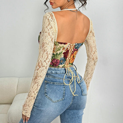 Women's Lace Top Sheer Mesh Long Sleeve Sexy T Shirt Bustier Crop Tops