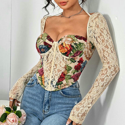 Women's Lace Top Sheer Mesh Long Sleeve Sexy T Shirt Bustier Crop Tops