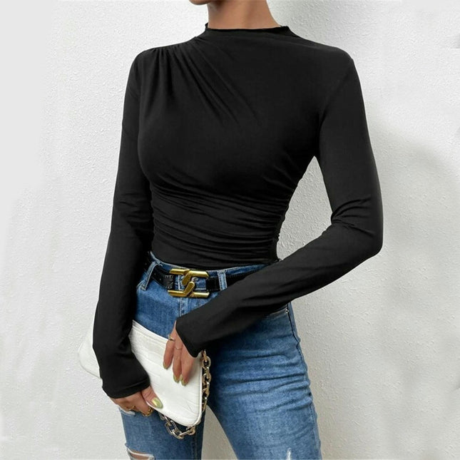 Women's Mock Neck Ruched T Shirt Long Sleeve Casual Basic Top