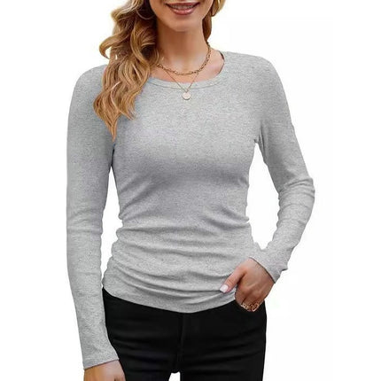 Women's Crew Neck Long Sleeve Ribbed Tops Slim Fitted Casual Basic T-Shirts