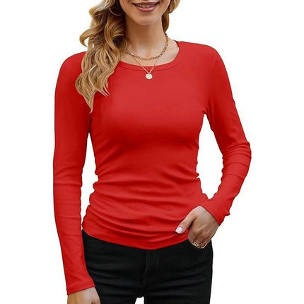 Women's Crew Neck Long Sleeve Ribbed Tops Slim Fitted Casual Basic T-Shirts