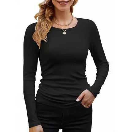 Women's Crew Neck Long Sleeve Ribbed Tops Slim Fitted Casual Basic T-Shirts