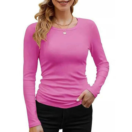 Women's Crew Neck Long Sleeve Ribbed Tops Slim Fitted Casual Basic T-Shirts