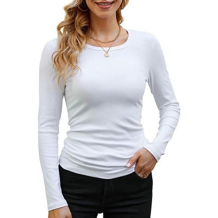 Women's Crew Neck Long Sleeve Ribbed Tops Slim Fitted Casual Basic T-Shirts