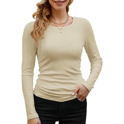 Women's Crew Neck Long Sleeve Ribbed Tops Slim Fitted Casual Basic T-Shirts