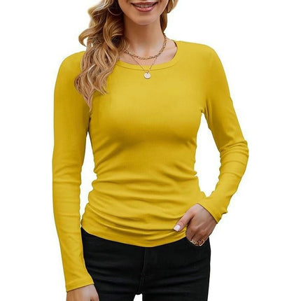 Women's Crew Neck Long Sleeve Ribbed Tops Slim Fitted Casual Basic T-Shirts