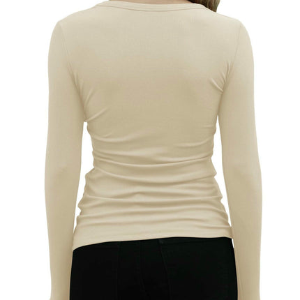 Women's Crew Neck Long Sleeve Ribbed Tops Slim Fitted Casual Basic T-Shirts