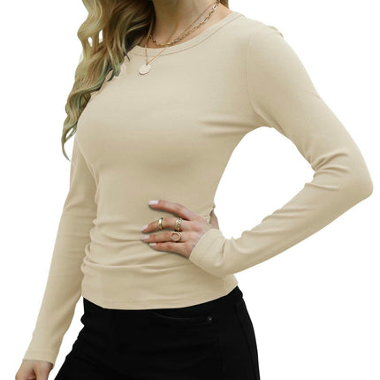 Women's Crew Neck Long Sleeve Ribbed Tops Slim Fitted Casual Basic T-Shirts