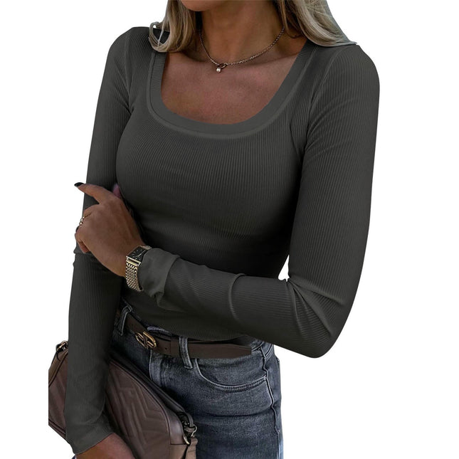 Women Long Sleeve Square Neck Ribbed T-Shirt Slim Fit Basic Casual Going Out Tops