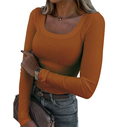 Women Long Sleeve Square Neck Ribbed T-Shirt Slim Fit Basic Casual Going Out Tops