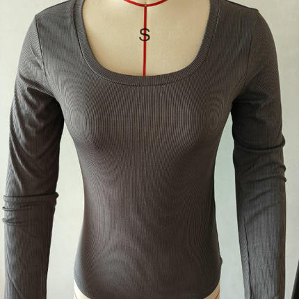 Women Long Sleeve Square Neck Ribbed T-Shirt Slim Fit Basic Casual Going Out Tops