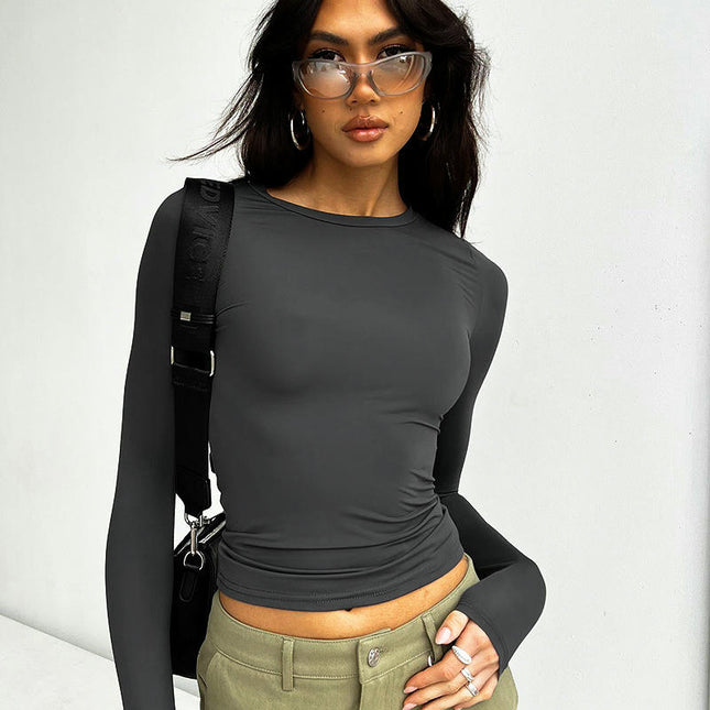Women's Slim Fit Long Sleeve Crop Tops Solid Color Crew Neck Casual Going Out T Shirt