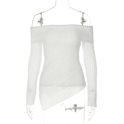 Women's Off The Shoulder Long Sleeve Sheer T Shirts Asymmetrical Hem Slim Fit Tee Tops