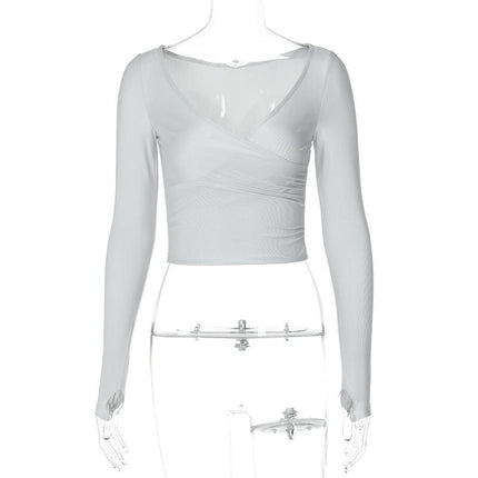 Womens Sexy Deep V Neck Wrap Crop Top Slim Fitted Ruched Long Sleeve T Shirts