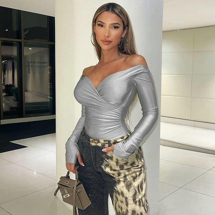 Womens Sexy Deep V Neck Wrap Crop Top Slim Fitted Ruched Long Sleeve T Shirts