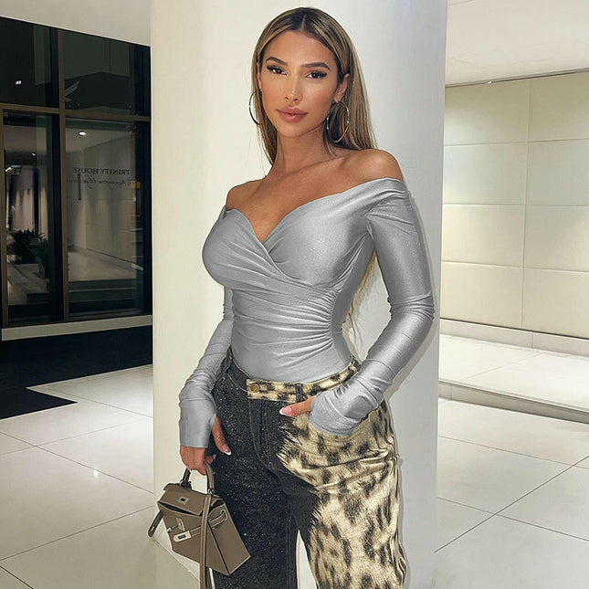 Womens Sexy Deep V Neck Wrap Crop Top Slim Fitted Ruched Long Sleeve T Shirts