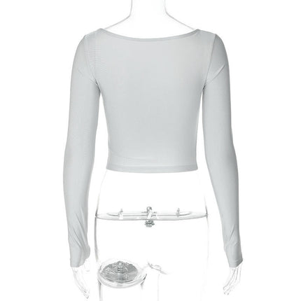 Womens Sexy Deep V Neck Wrap Crop Top Slim Fitted Ruched Long Sleeve T Shirts