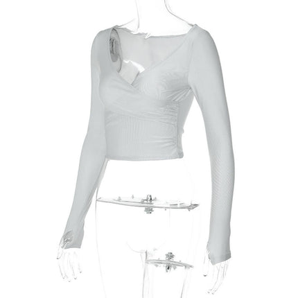 Womens Sexy Deep V Neck Wrap Crop Top Slim Fitted Ruched Long Sleeve T Shirts