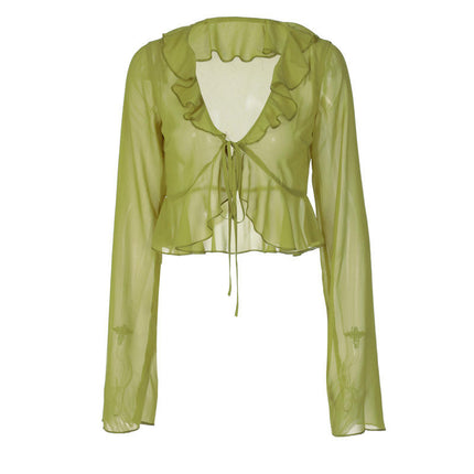 Women's Sheer Ruffle Trim V Neck Tie Open Front Long Sleeve Crop Tops Blouse