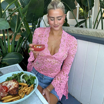 Women Floral Lace Top Sexy V Neck See Through Tops Long Sleeve Crop Top