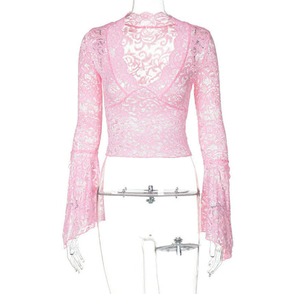 Women Floral Lace Top Sexy V Neck See Through Tops Long Sleeve Crop Top