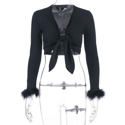 Women Tie Front Crop Top Long Sleeve Deep V Neck Wrap Going Out Tops