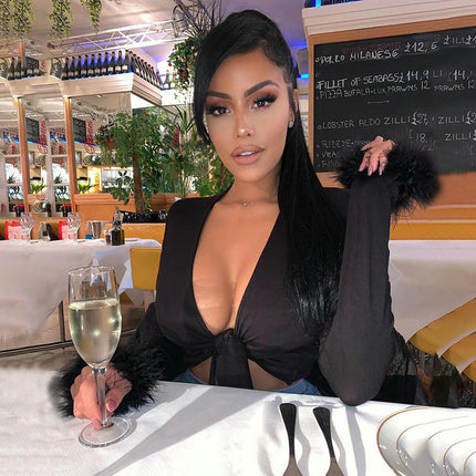 Women Tie Front Crop Top Long Sleeve Deep V Neck Wrap Going Out Tops