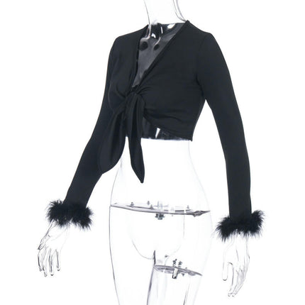Women Tie Front Crop Top Long Sleeve Deep V Neck Wrap Going Out Tops