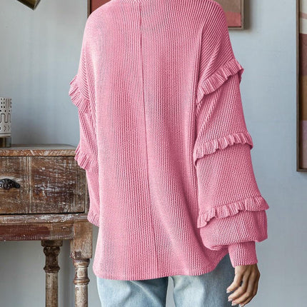 Womens Crew Neck Ruffle Lantern Long Sleeve Blouse Casual Loose Fit T Shirts Textured Top