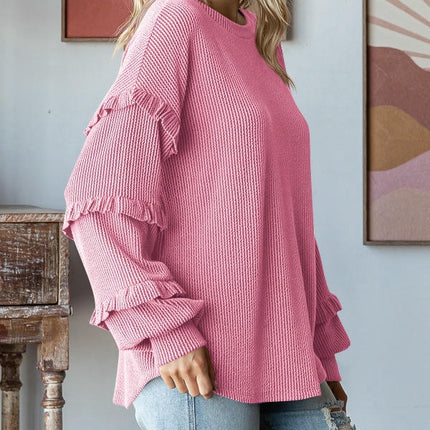 Womens Crew Neck Ruffle Lantern Long Sleeve Blouse Casual Loose Fit T Shirts Textured Top