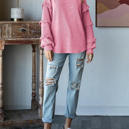 Womens Crew Neck Ruffle Lantern Long Sleeve Blouse Casual Loose Fit T Shirts Textured Top