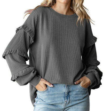 Womens Crew Neck Ruffle Lantern Long Sleeve Blouse Casual Loose Fit T Shirts Textured Top