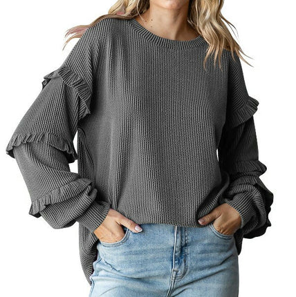 Womens Crew Neck Ruffle Lantern Long Sleeve Blouse Casual Loose Fit T Shirts Textured Top