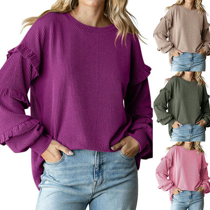 Womens Crew Neck Ruffle Lantern Long Sleeve Blouse Casual Loose Fit T Shirts Textured Top