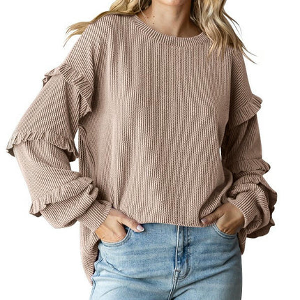 Womens Crew Neck Ruffle Lantern Long Sleeve Blouse Casual Loose Fit T Shirts Textured Top