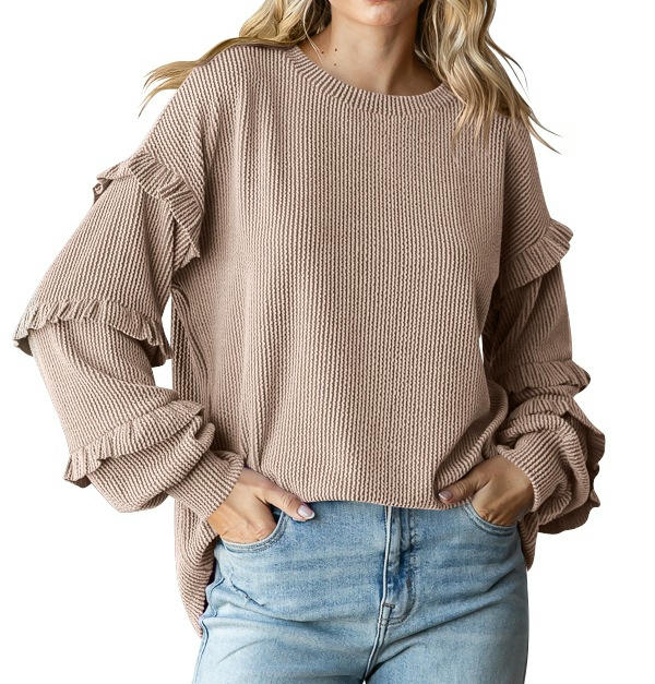 Womens Crew Neck Ruffle Lantern Long Sleeve Blouse Casual Loose Fit T Shirts Textured Top