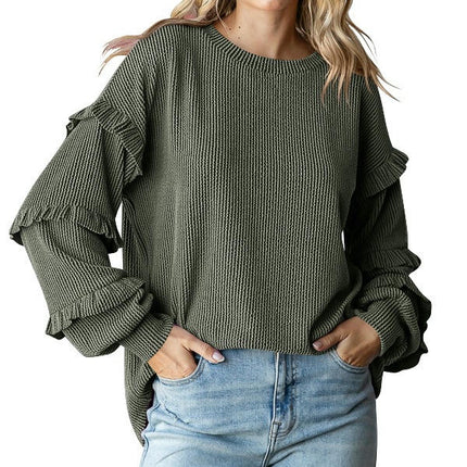 Womens Crew Neck Ruffle Lantern Long Sleeve Blouse Casual Loose Fit T Shirts Textured Top