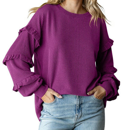Womens Crew Neck Ruffle Lantern Long Sleeve Blouse Casual Loose Fit T Shirts Textured Top
