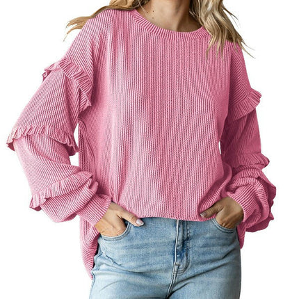 Womens Crew Neck Ruffle Lantern Long Sleeve Blouse Casual Loose Fit T Shirts Textured Top