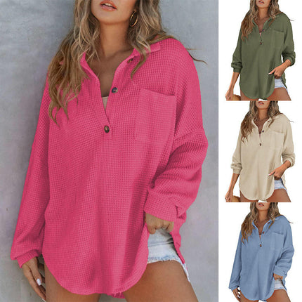 Women Waffle Knit Shirts Long Sleeve Button V Neck Solid Color Casual Tunic Tops