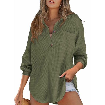 Women Waffle Knit Shirts Long Sleeve Button V Neck Solid Color Casual Tunic Tops