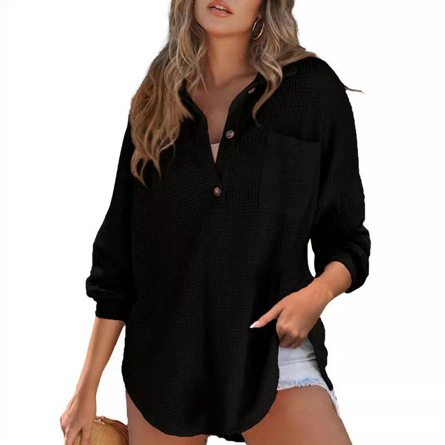 Women Waffle Knit Shirts Long Sleeve Button V Neck Solid Color Casual Tunic Tops