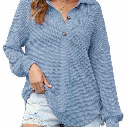 Women Waffle Knit Shirts Long Sleeve Button V Neck Solid Color Casual Tunic Tops